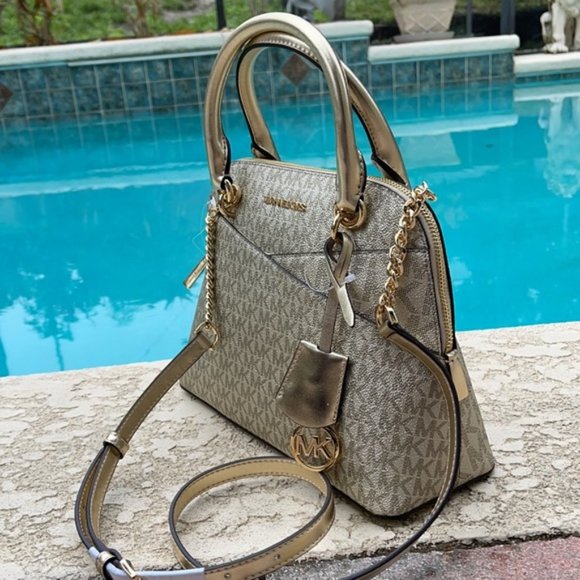 Michael Kors Jet Set Travel Medium Dome Crossbody Satchel Bag Pale Gold - Picture 5 of 16